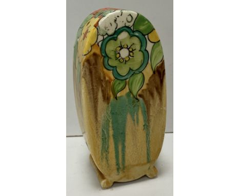 A Clarice Cliff Jonquil pattern sugar caster of elongated oval form raised on two bar feet, 12.7 cm high