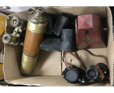 A box containing assorted binoculars and brass and wooden telescopes, a box of assorted clocks and other metal wares, two mod