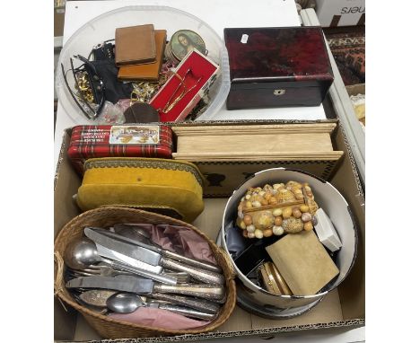 A box and contents of various costume jewellery, a plastic tub of similar and a lacquered jewellery box of similar, together 