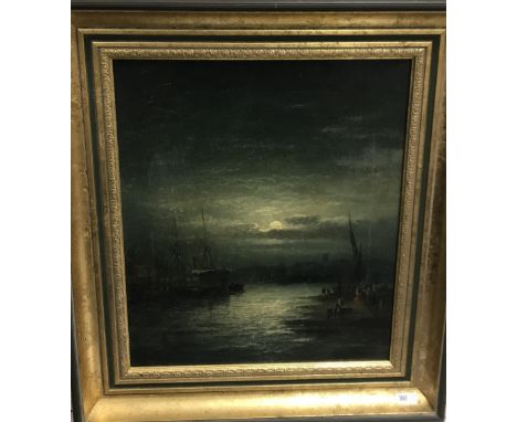 WILLIAM ANSLOW THORNLEY (1857-1898) "Ships in harbour in a moonlit seascape", oil on canvas, relined, signed, 35 cm x 30 cm