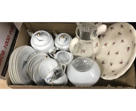 Five boxes of assorted china, glass, etc. to include various collector's plates, including Coalport "Christmas" plates, etc.,