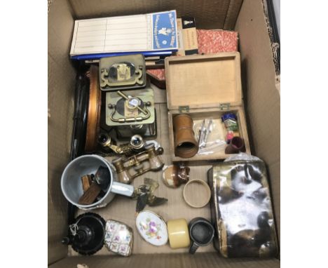 A collection of various objets de vertus including two circa 1900 French brass cased carriage clocks, both unnamed, a pair of