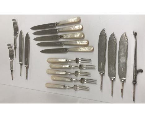 A collection of five silver fish knife blades and two silver fish fork prongs, a Georgian silver cheese scoop section and a s