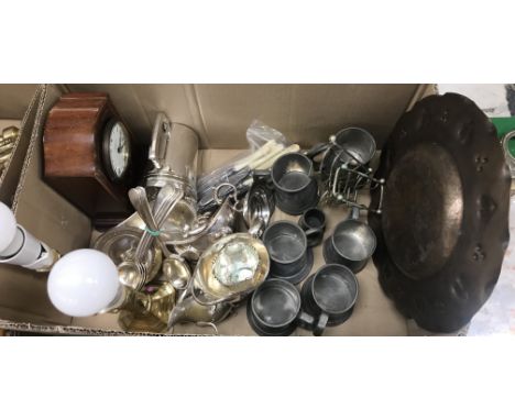 A box of various plated wares to include a pair of sauce boats, three further sauce boats, plated sugar bowl, two plated alms