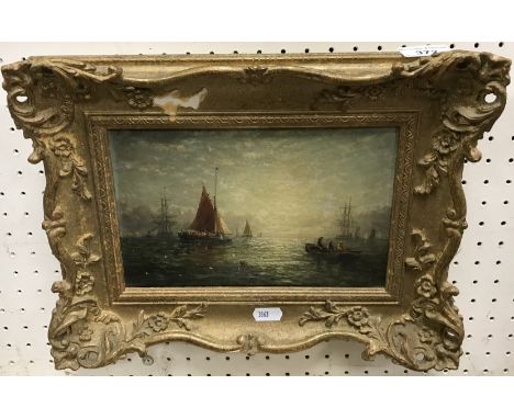 ADOLPHUS KNELL (fl. 1860-1890) "Fishing boats at sunset with rowing boat in foreground", oil on board, signed lower right, 15