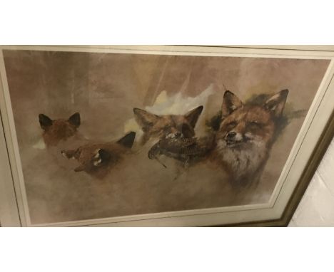 A collection of decorative pictures and prints to include two OS maps on board, print of "Fox with prey", etc.