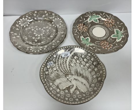 A large collection of Grays Pottery silver luster wares to include plates, chargers, part coffee set etc