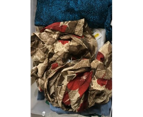 Five boxes containing various bedding, cushions, lampshade, scarves, etc., together with a 1950s sewing box stool containing 