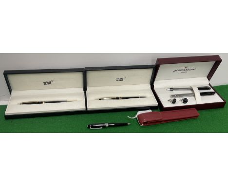 A Mont Blanc Meisterstück Pix fountain pen and matching propelling pencil, both in black leather Mont Blanc cases, a small Mo