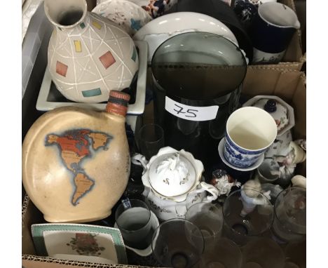 Two boxes of assorted china and glassware to include various cheese domes, a Crown Ducal "Emu Australian Wines" flagon, etc a