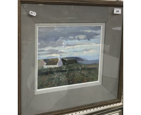 WALTER K VERLING (1930-2023) "Coastal landscape with whitewashed thatched cottage in foreground", oil on board, signed lower 