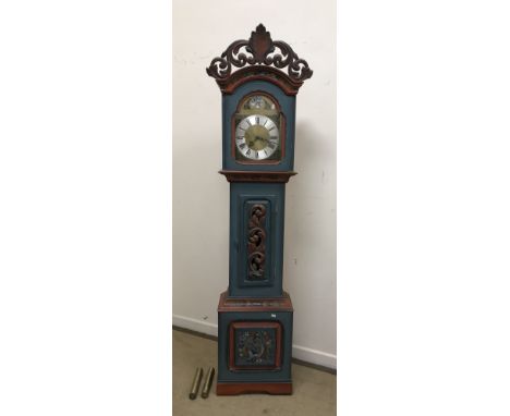 A 20th Century Norwegian painted pine and carved cased long case clock, the modern Western German movement with brass arched 