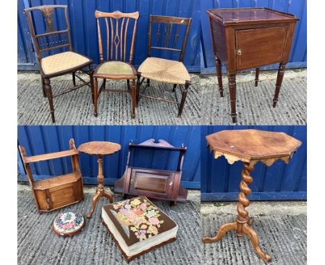 An Edwardian mahogany and satinwood strung single door pot cupboard, a 19th Century ash rush seat ladder back elbow chair, a 