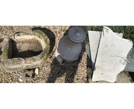 A collection of two marble shelves, 96 cm long x 47 cm wide, a small stoneware chiminea,  and a stone garden trough, 77 cm lo