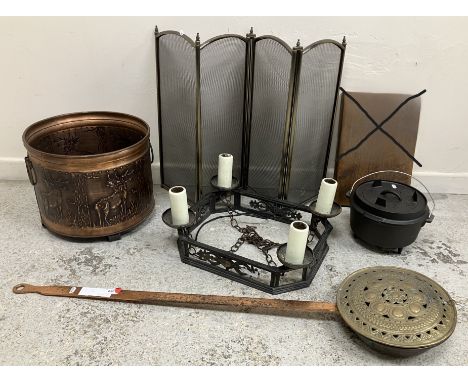 A copper and pierced brass warming pan with later coppered iron handle, a copper log container with embossed decoration of Th