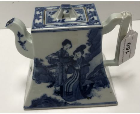 A 19th Century Chinese blue and white teapot of rectangular tapered form, decorated with "Woman seated alone beneath a tree, 