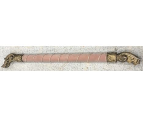A 19th Century curtain pole, the central pole with velvet covering and the ends with acanthus leaf decoration, 158 cm  