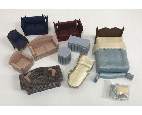 A quantity of Lintel doll's house upholstered furniture including a chaise longue, scroll arm two seat sofa and chair, two kn