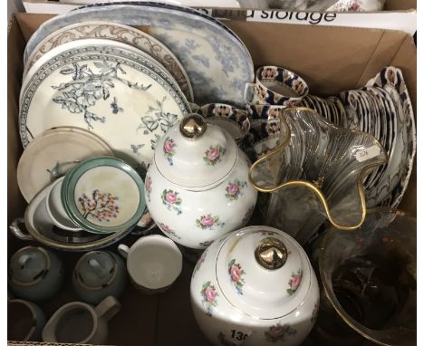 Four boxes of assorted china and glassware to include decorative plates, Royal Albert "Lavender Rose" dinner plates, Susie Co