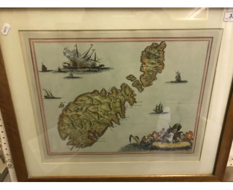 AFTER JOHN OGILBY "Melite Insula Vulgo Masia", a map of Malta, later coloured print, 34 cm x 44 cm, together with two vintage