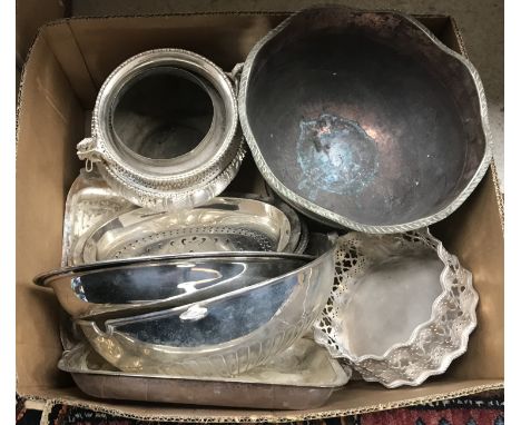 Six boxes of various plated wares to include punch bowls, fruit bowls, tureens and covers, fruit basket, coasters, tea wares,