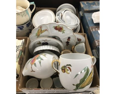 Two boxes of Royal Worcester 'Evesham' pattern and other china wares various, three chamber pots etc