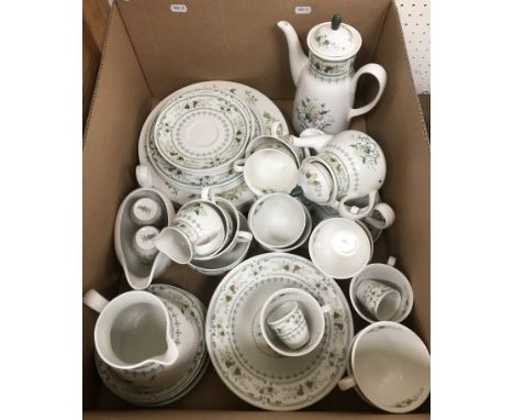 A box containing a Royal Doulton Provencal part coffee and dinner service together with three modern rectangular wall mirrors