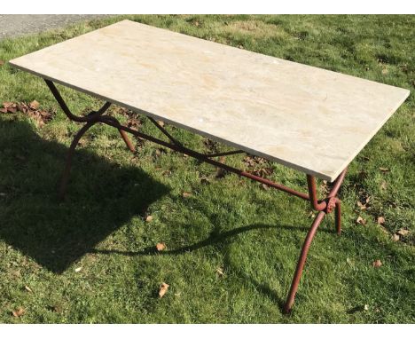 A metal framed garden table with marble top, 145 cm long x 70 cm wide x 75 cm high CONDITION REPORTS Top is in need of a ligh