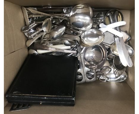 A quantity of various plated wares, etc. to include tea strainer, pair of German scissors, salad servers, soup ladle, nut cra