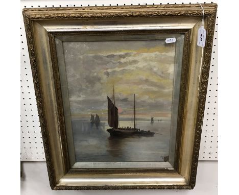 M W "Boats on a calm sea at sunset", oil on canvas, monogrammed lower right, indistinctly dated "18?", 40.5 cm x 30.5 cm