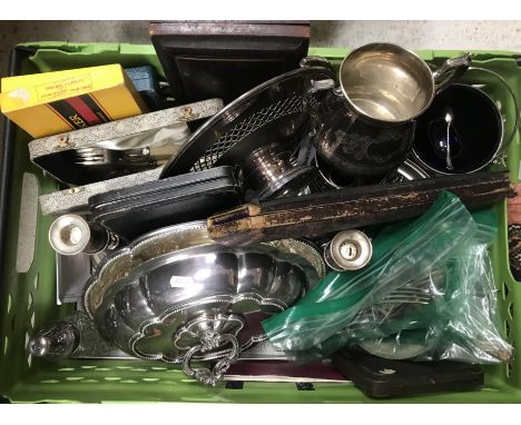 A box containing a cased set of six silver handled butter knives together with assorted plated wares including entrée dish, c