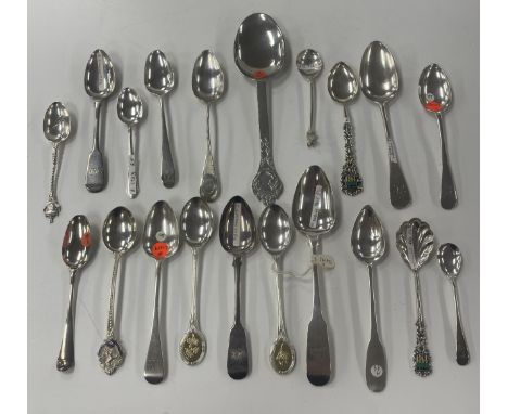 A collection of various silver teaspoons and other spoons to include a pair of spoons by John Pinches, etc. a Stieff pewter s
