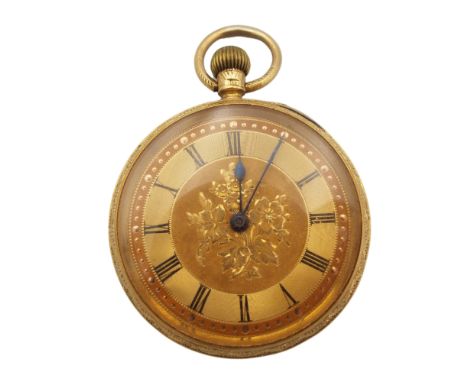 An Edwardian 18ct gold open stem wind pocket watch Chester 1901 possibly Benson Brothers finely chased floral banded decorati