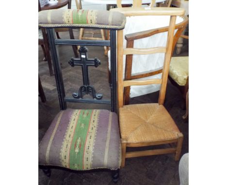 A Victorian upholstered prie dieu chair and a pine ladder back prie dieu style chair 