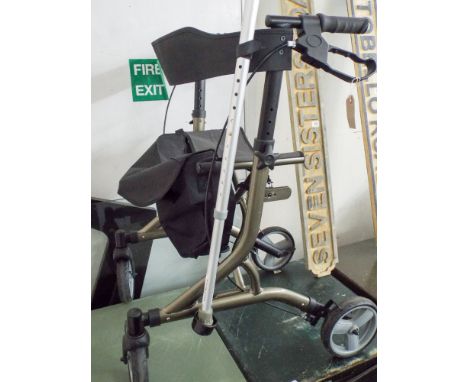 A fold up four wheel zimmer frame with brakes, bag and seat, and also a walking stick