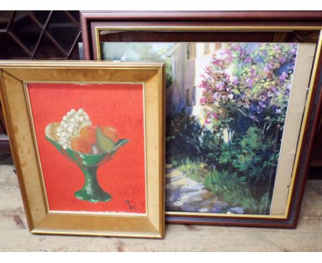 Frame coloured print of a landscape scene and a painting of fruit