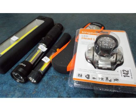 Four assorted cob torches and a new LED headlamp