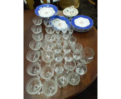 A quantity of assorted wine glasses, part blue bordered and floral dessert service and a sucrier 