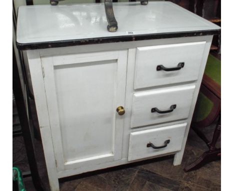 A 2 '6" three drawer one door painted pine kitchen cabinet with enamel top