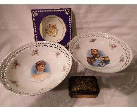 Two pierced George V ceramic bowls and other Royalty items. Not available for in-house P&amp;P, contact Paul O'Hea at Mailbox