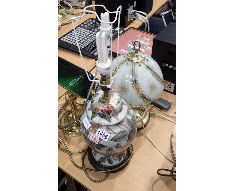 Four lamps two with glass shades largest H: 40 cm. Not available for in-house P&P, contact Paul O'Hea at Mailboxes on 01925 6