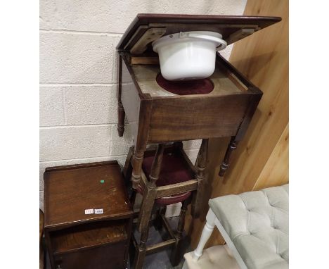 Oak bedside cupboard, a pair of oak framed barstools and a mahogany commode. Not available for in-house P&amp;P, contact Paul