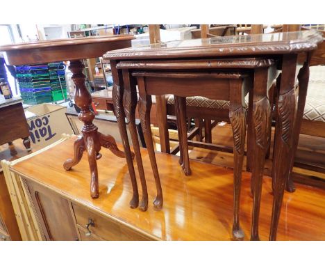 Nest of three glass topped walnut tables and a further walnut lamp table. Not available for in-house P&amp;P, contact Paul O'