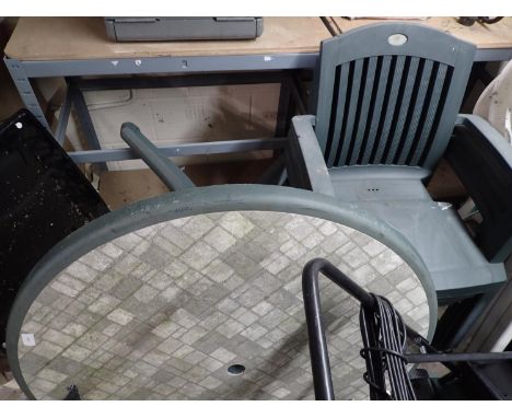 Set of four green plastic garden chairs and matching table. Not available for in-house P&amp;P, contact Paul O'Hea at Mailbox