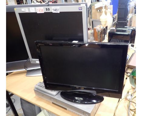 HPL1706 computer monitor, Samsung VHS/DVD player and a Linsar flat screen TV 19 inch, lacking remote. Not available for in-ho