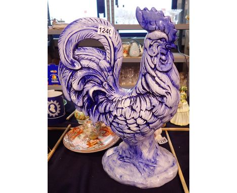 Large ceramic blue and white cockerel, H: 46 cm. Not available for in-house P&amp;P, contact Paul O'Hea at Mailboxes on 01925
