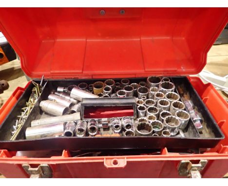 Plastic toolbox containing a large quantity of sockets and spanners and a cased plier set. Not available for in-house P&amp;P