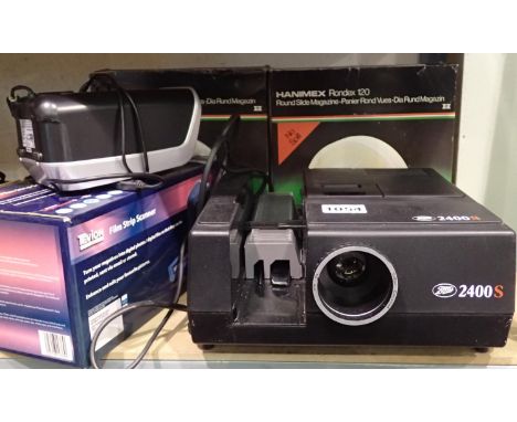 Boots 2400s slide projector, film strip scanner, two slide magazines with approx 230 slides, working at lotting. P&P Group 2 