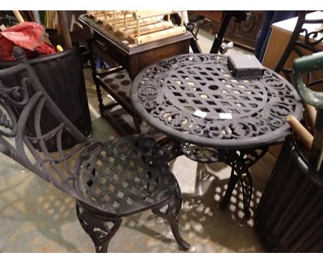 Cast iron garden table with matching chairs, D: 75 cm. Not available for in-house P&amp;P, contact Paul O'Hea at Mailboxes on