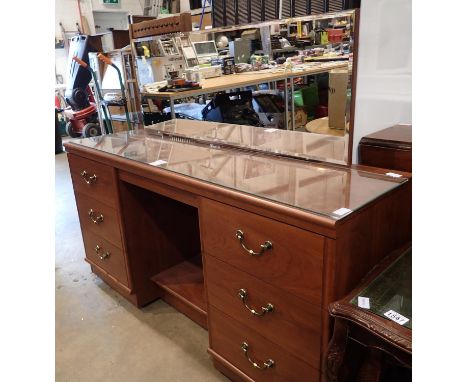 Teak effect dressing table with six drawers and mirror back, 140 x 40 x 115 cm H. Not available for in-house P&amp;P, contact